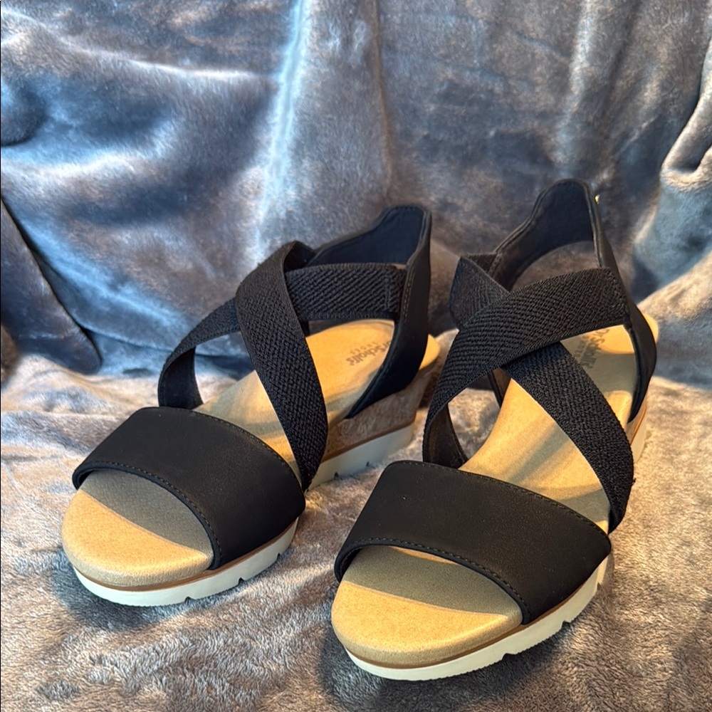 Dr Scholls Womens Sheena Black Wedge Sandal Platform Stretch